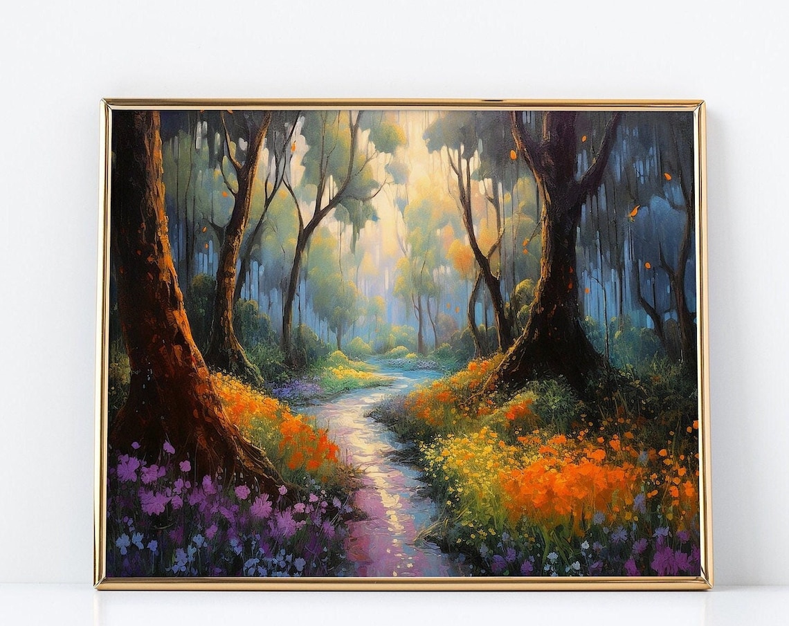 Sunlit Forest Path With Wildflowers Enchanted Woodland Art Poster