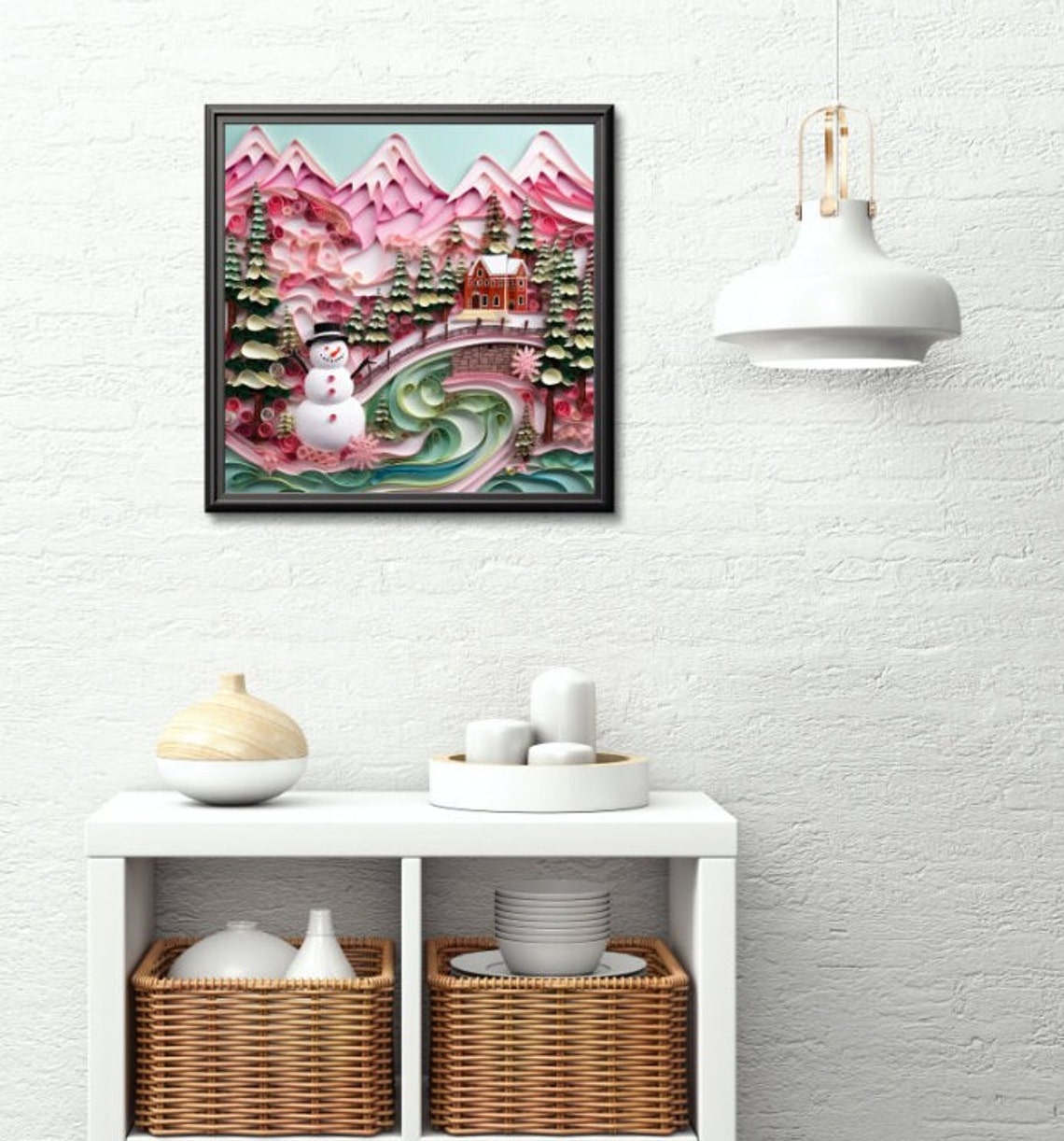 Quilled Paper Winter Snowman Cabin Pink Mountains Scene Poster - Image 4