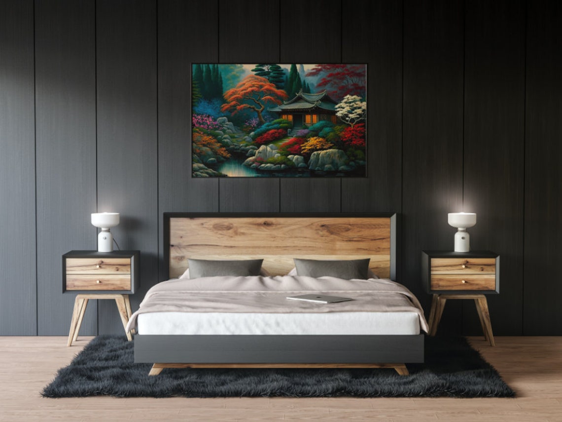 Japanese Autumn Garden Tea House Maple Pond Landscape Art Poster - Image 3