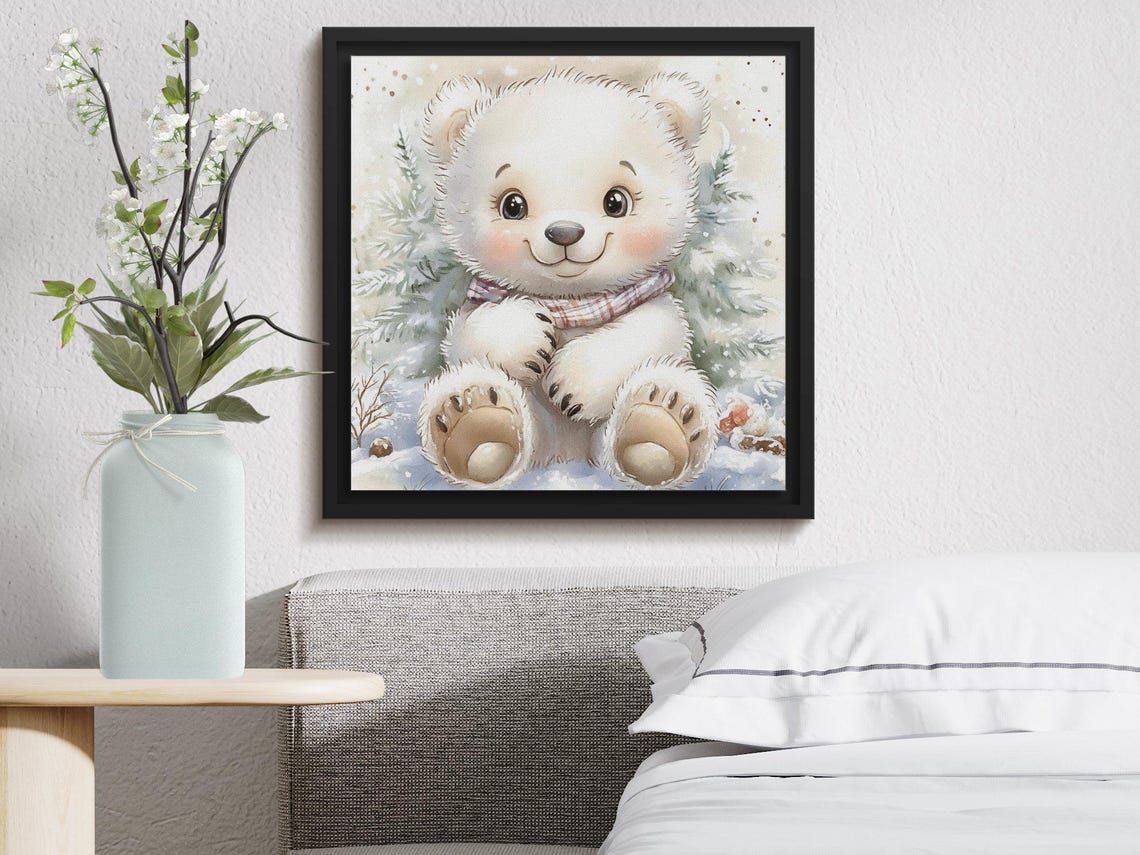 Cute White Teddy Bear With Scarf in a Snowy Winter Scene Poster - Image 4