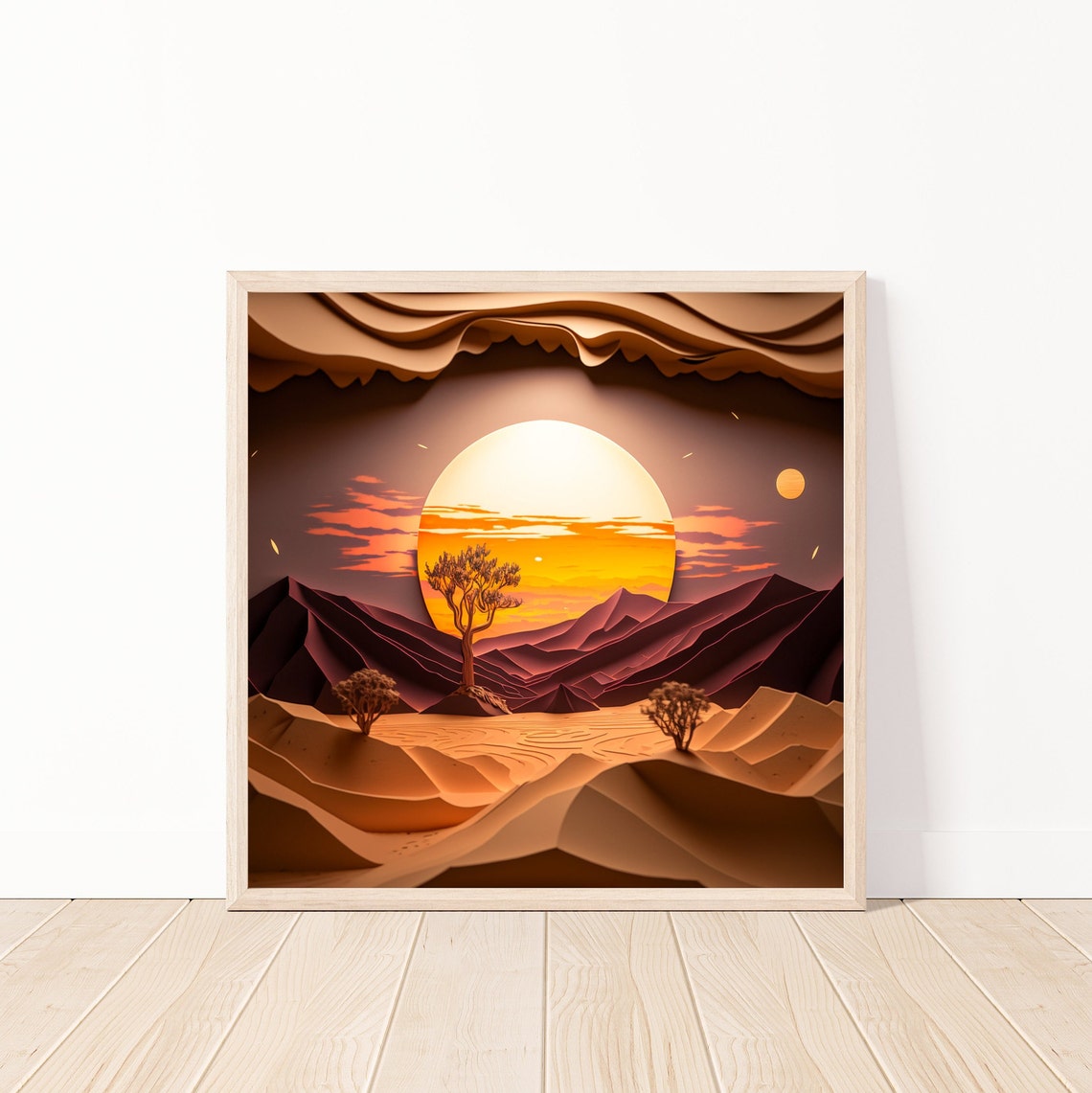 Desert Sunset Paper Quilling Style Layered Landscape Art Poster