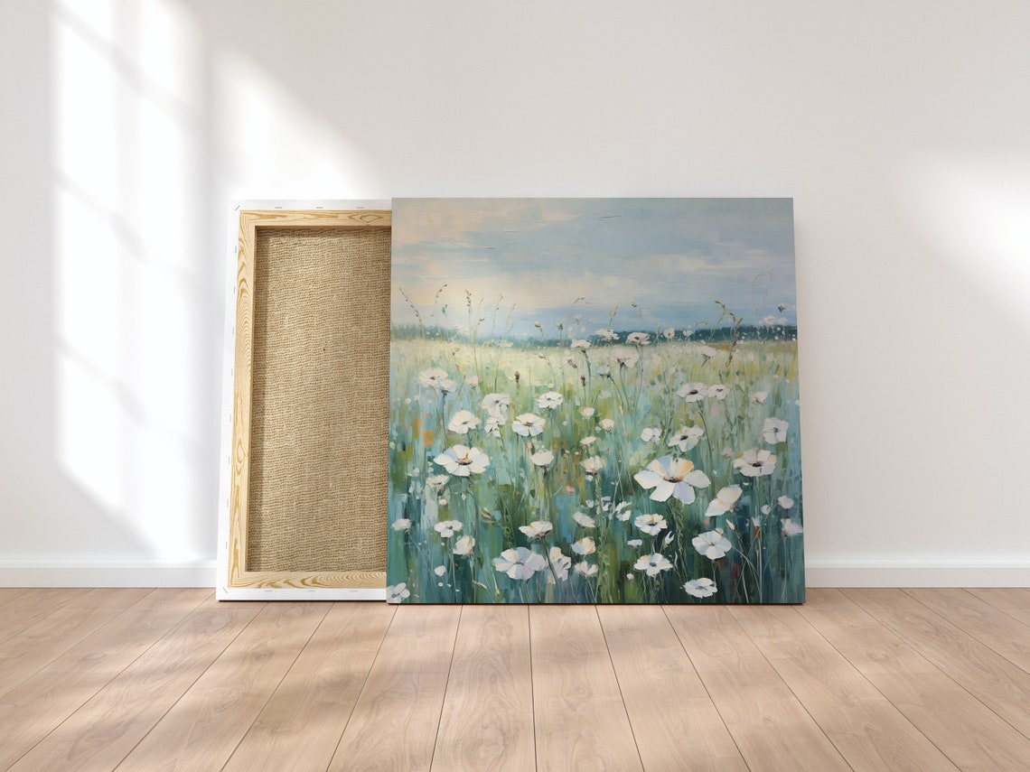 White Daisy Wildflower Field Soft Sky Impressionist Oil Art Poster - Image 3