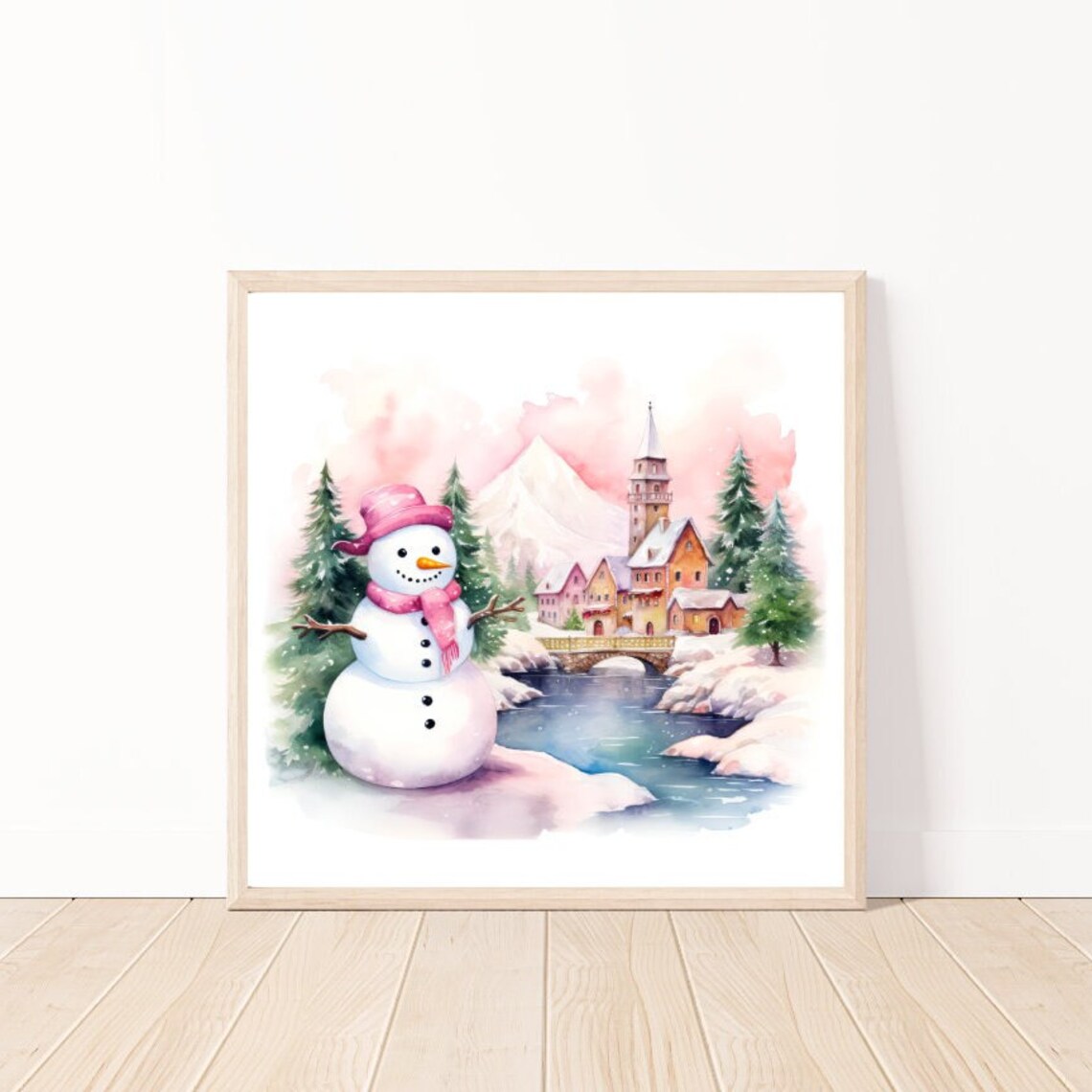 Cute Watercolor Pink Snowman in a Snowy Christmas Village Poster