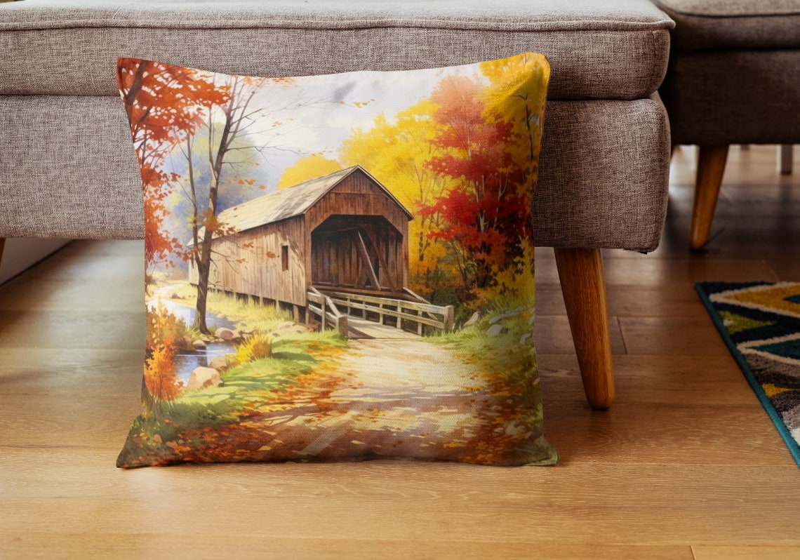 Covered Bridge Autumn Fall Foliage Country Stream Art Poster - Image 4
