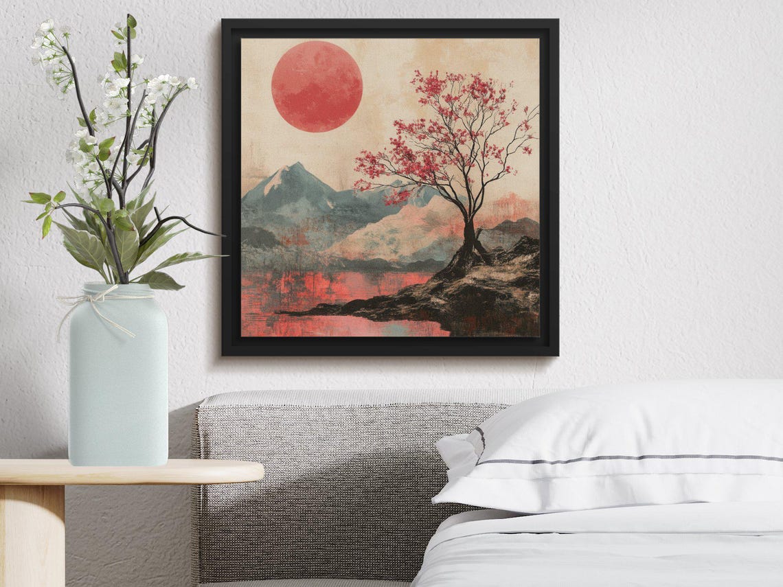 Japanese Red Sun Cherry Blossom Tree Minimalist Painting Poster - Image 4