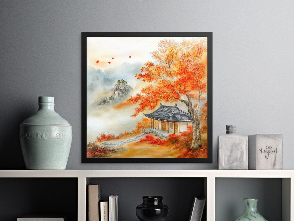 East Asian Pavilion Autumn Red Maples Misty Mountains Painting Poster - Image 2