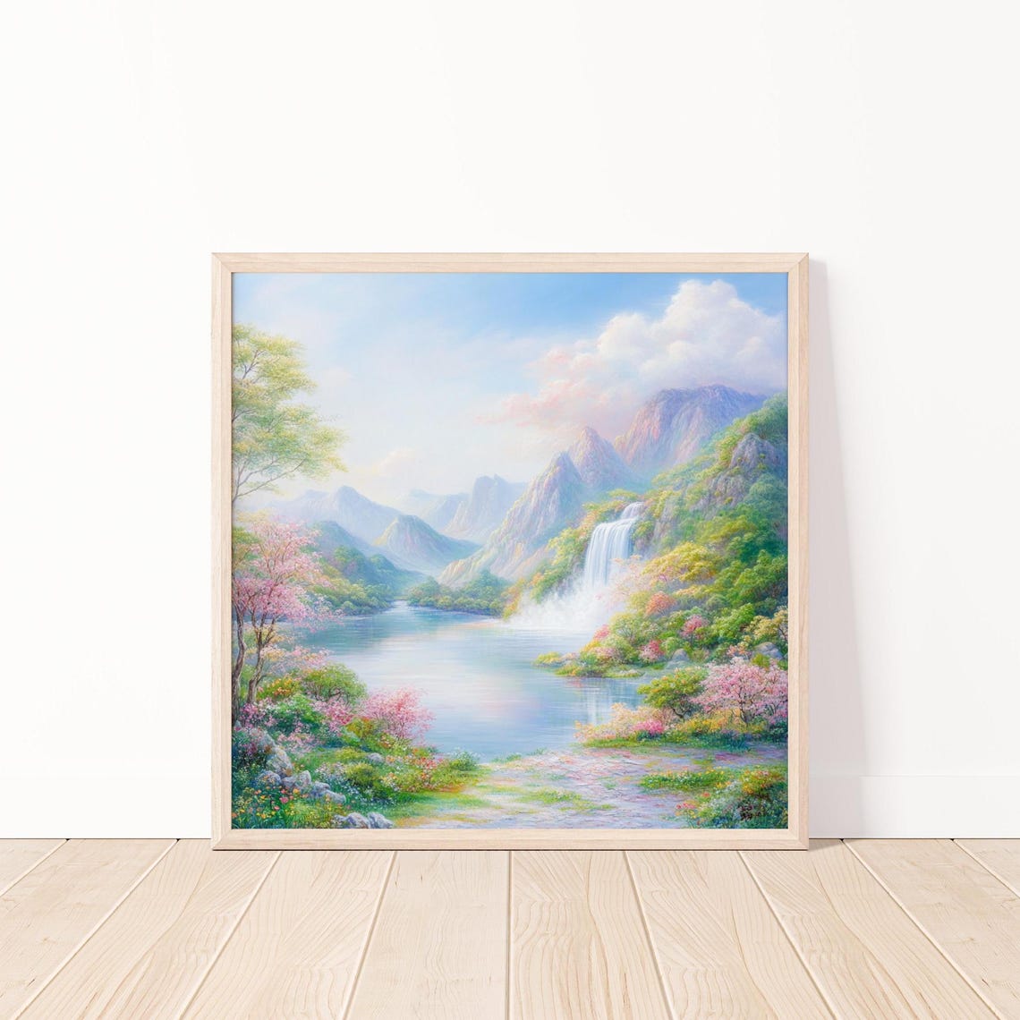 Pastel Mountain Lake Waterfall Cherry Blossom Dreamy Spring Art Poster