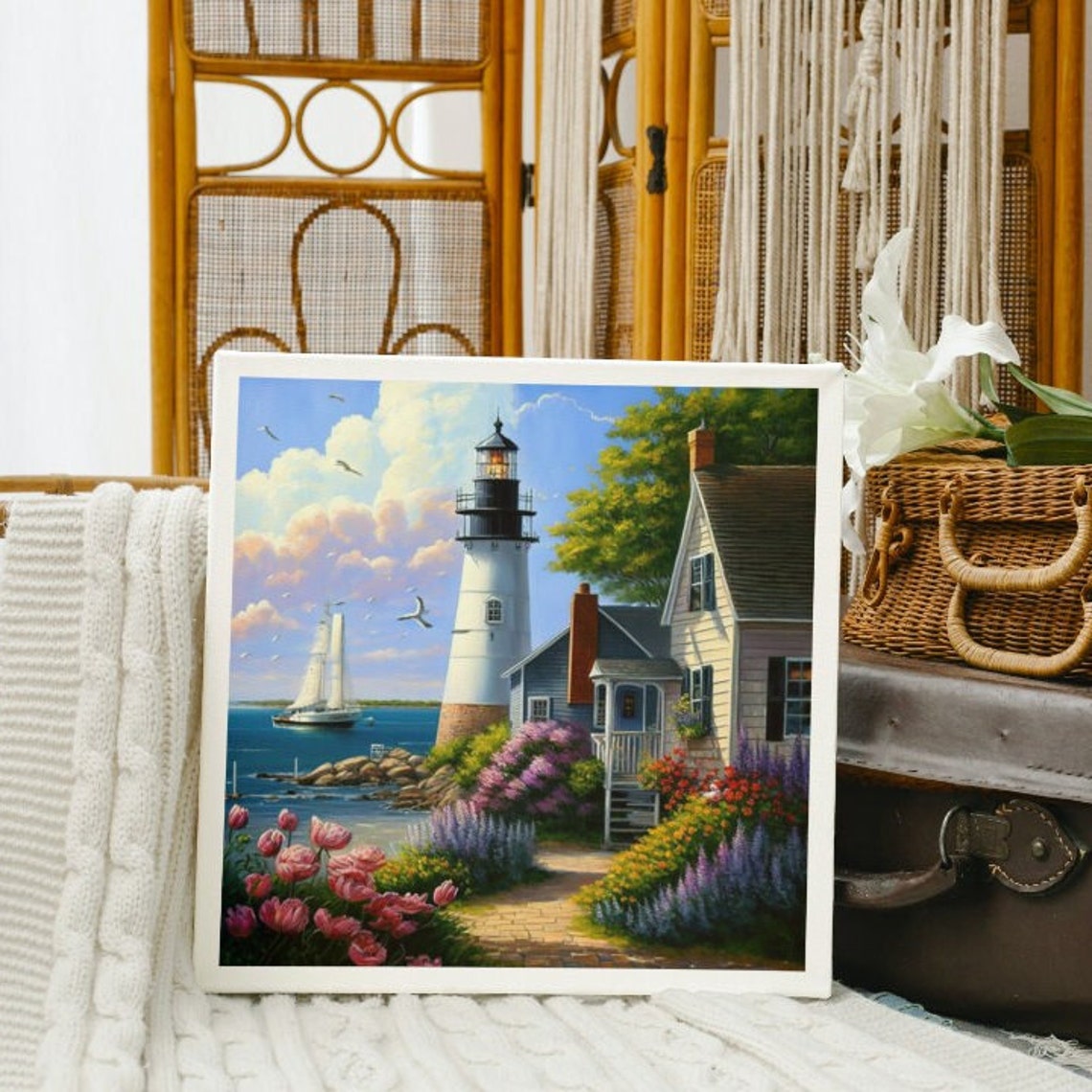 Coastal Lighthouse Cottage Spring Tulip Garden Sailboat Art Poster - Image 3