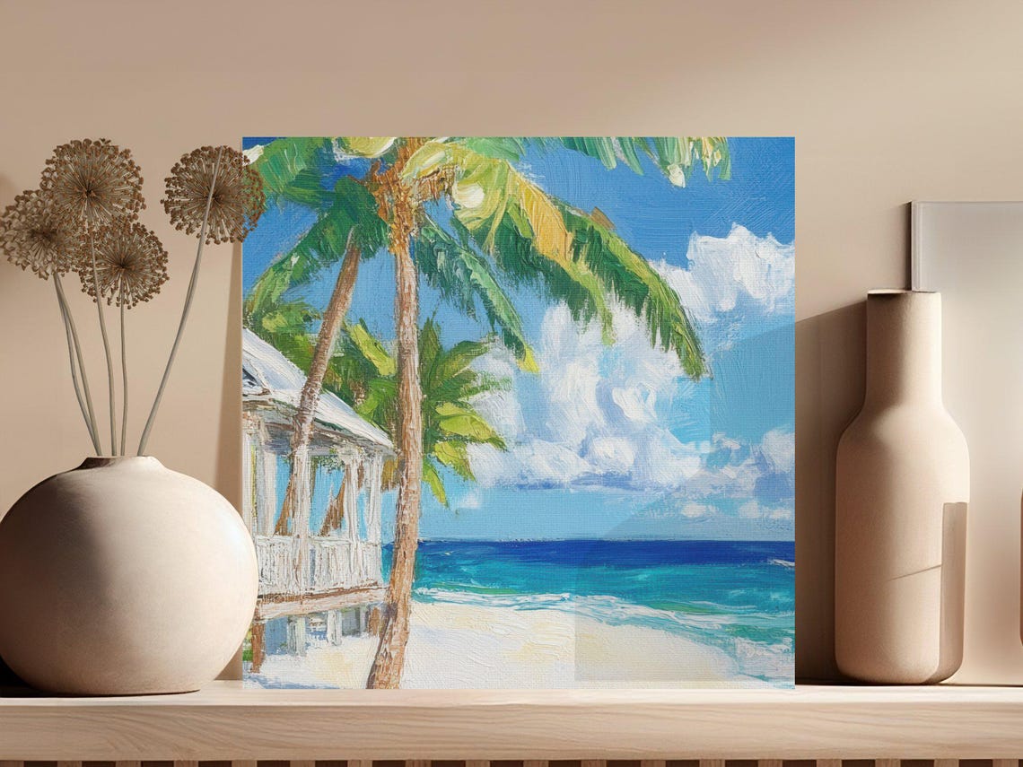 Tropical Beach House Palm Trees Turquoise Ocean Oil Painting Poster - Image 3