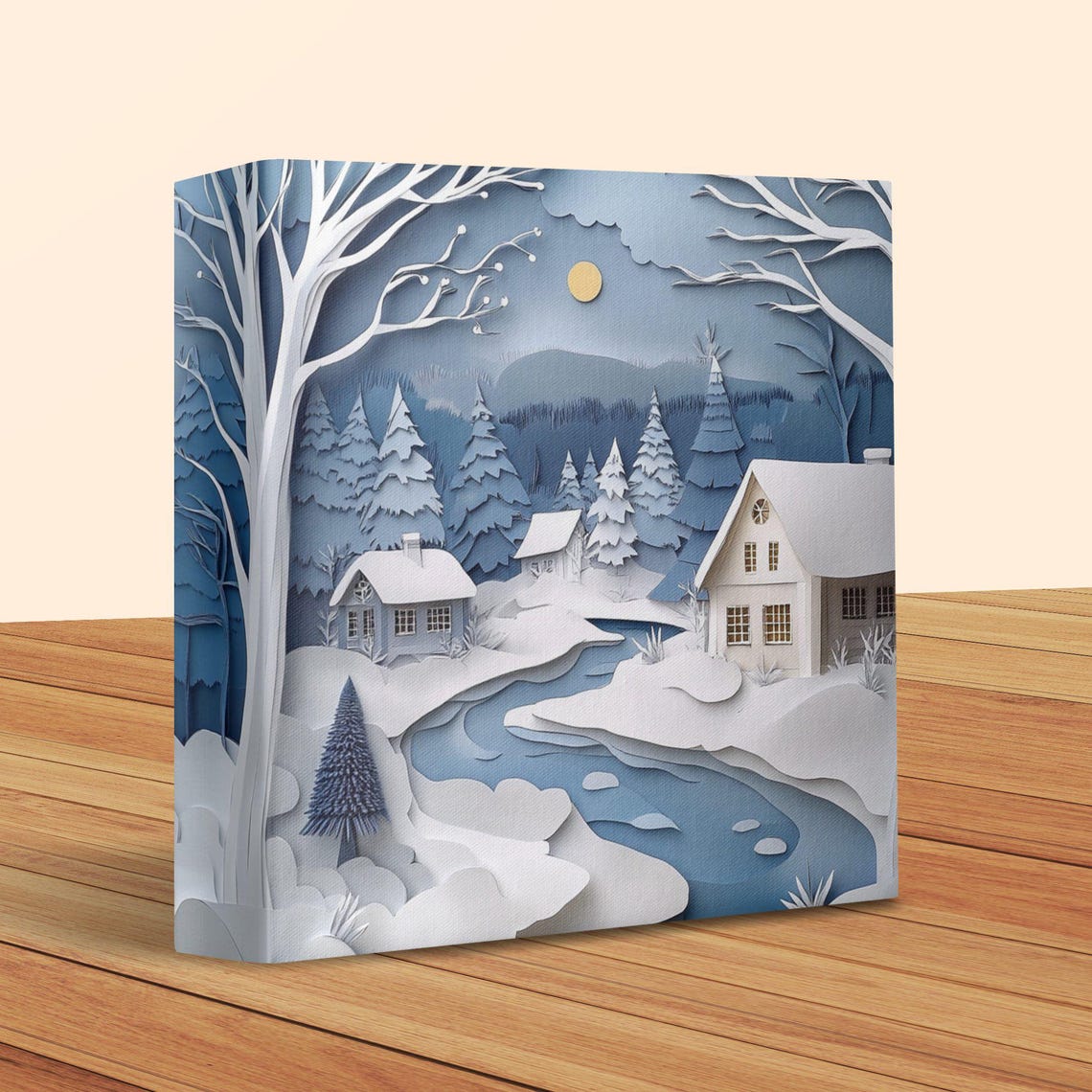 Paper Cut Winter Village With Snowy Cabins Under the Moon Poster - Image 2