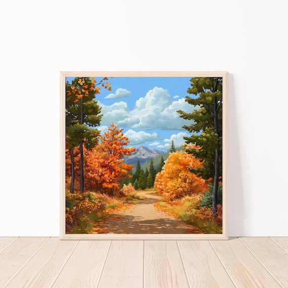 Autumn Mountain Trail Orange Fall Foliage Peak Scenic Forest Poster