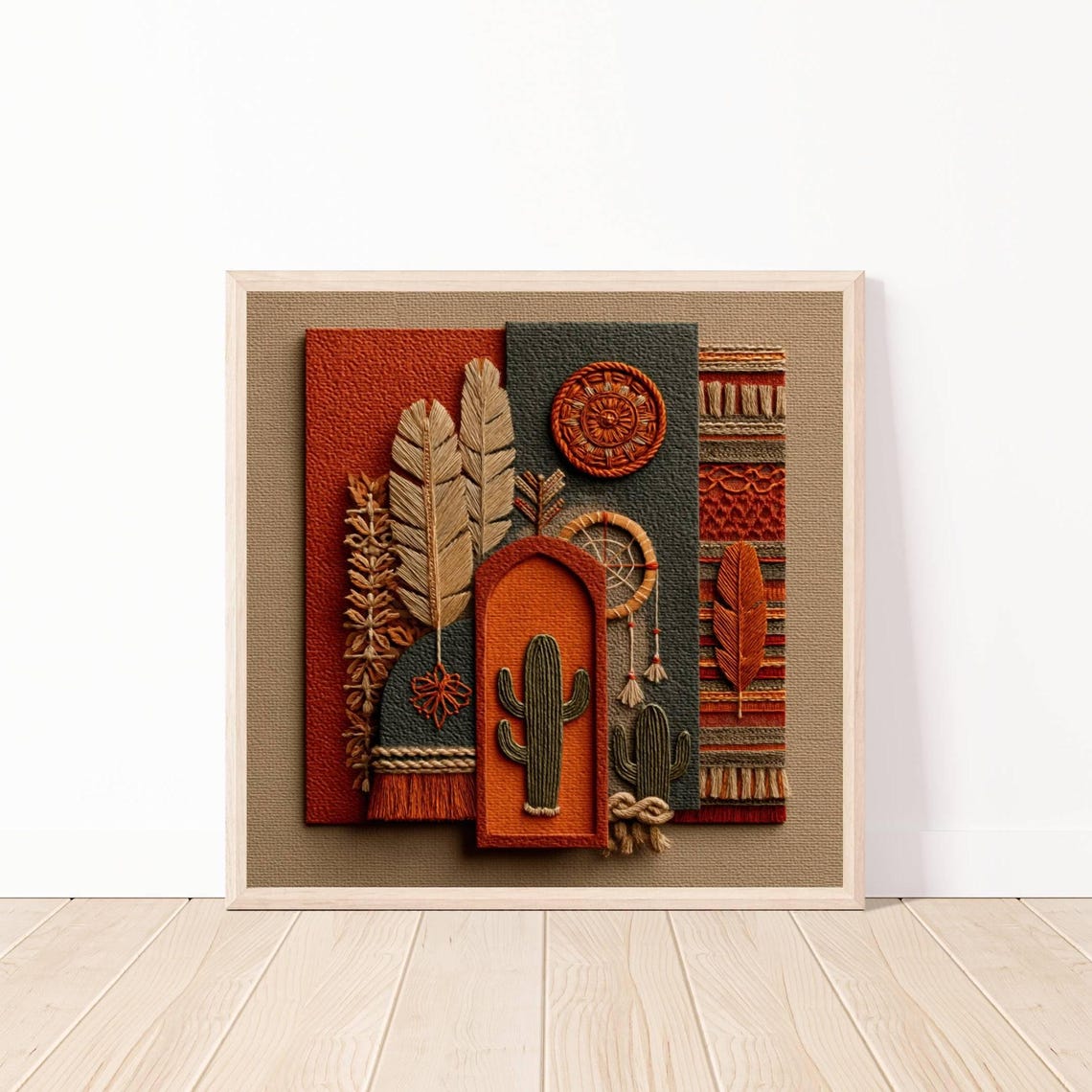 Embroidered Cactus Desert Sunset Textured Textile Art Wall Poster