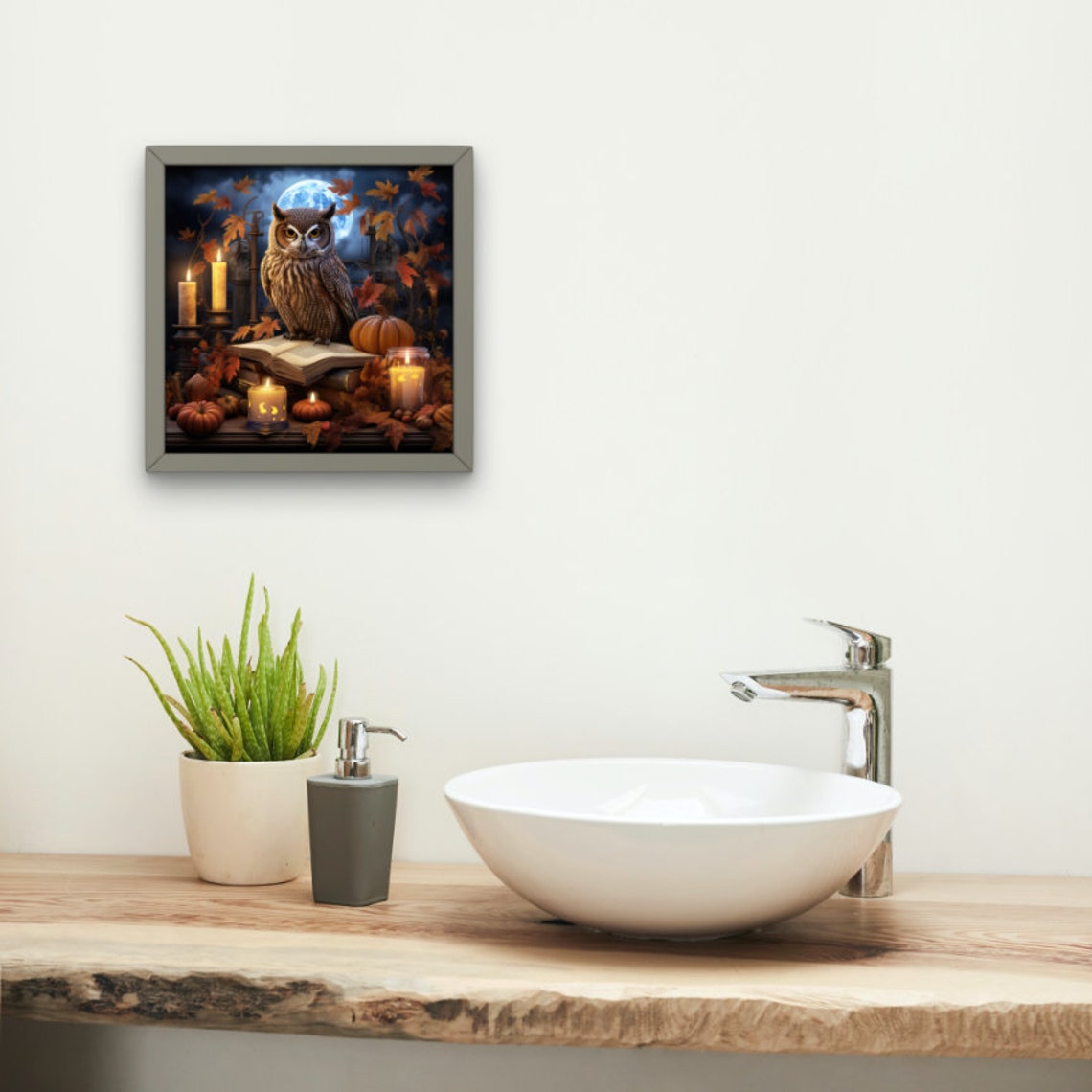 Halloween Owl on Books with Candles Pumpkins and Autumn Moon Poster - Image 4