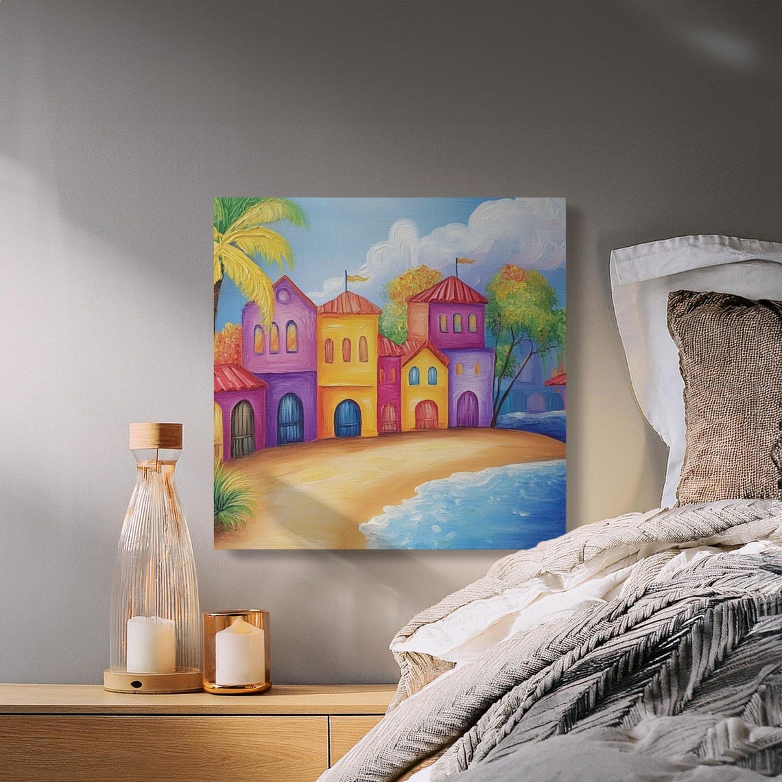 Colorful Coastal Village Painting With Palm Tree and Sailboat Poster - Image 4