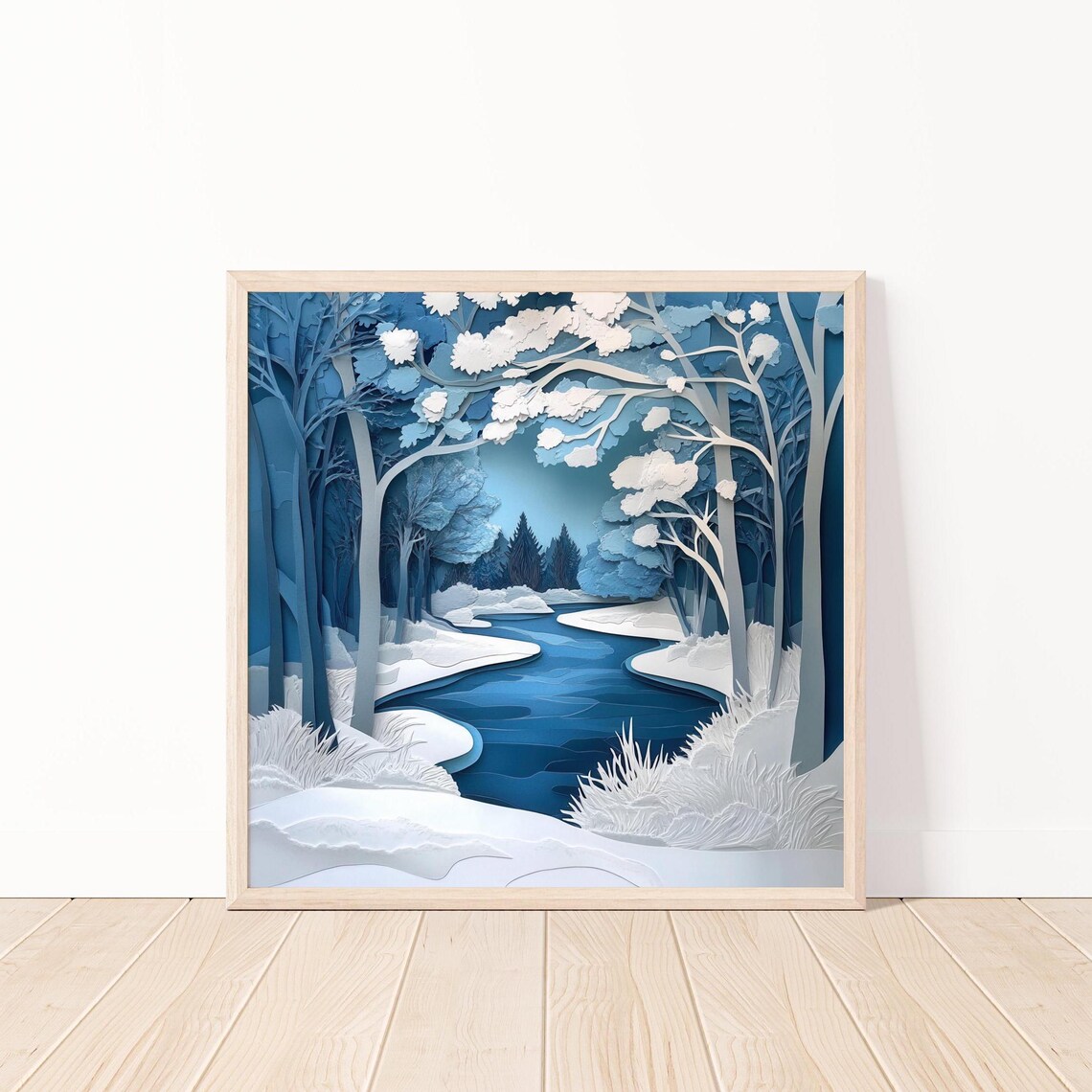 Winter Wonderland Forest Art Print, Snowy River Landscape