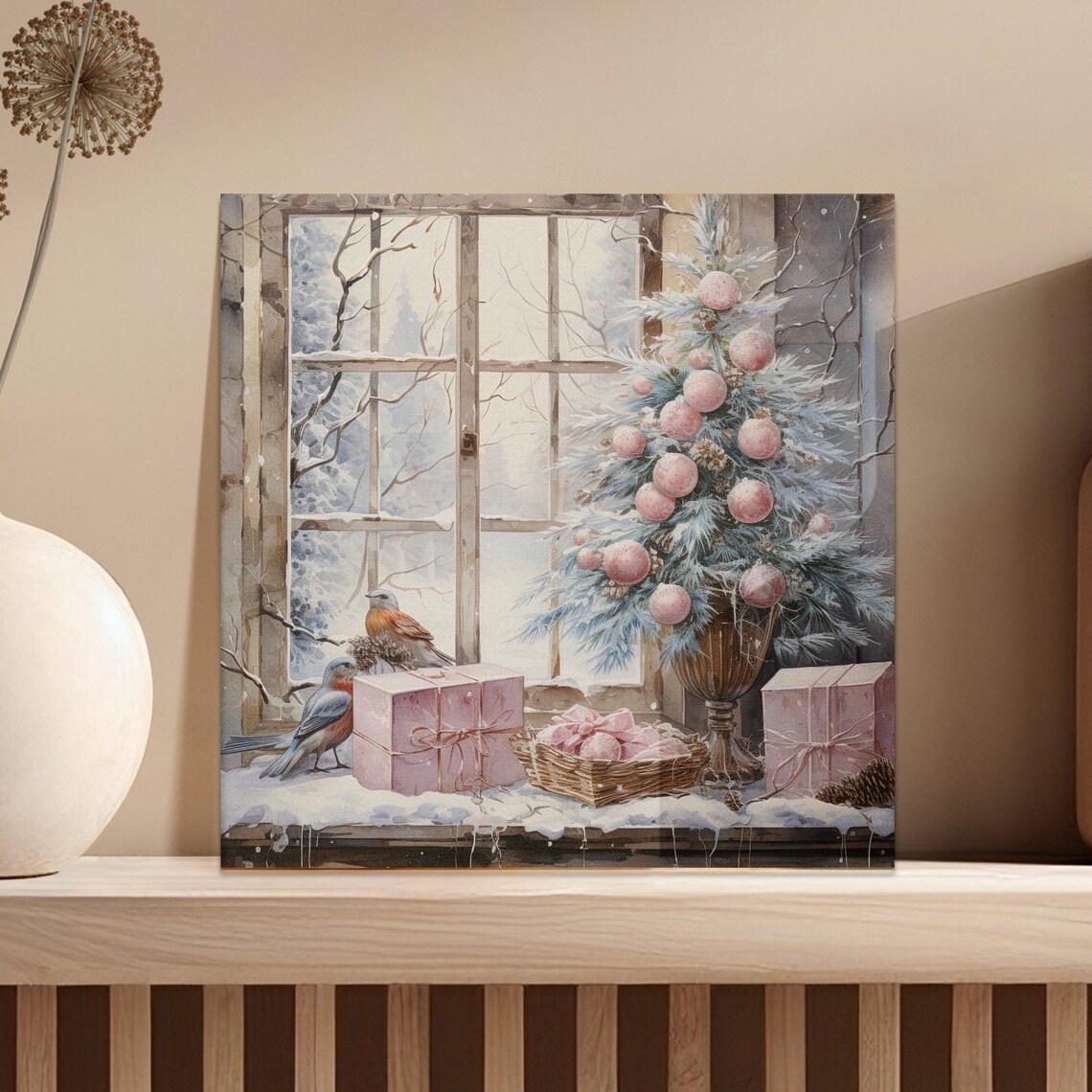 Pink Christmas Tree Snowy Windowsill Birds Holiday Watercolor Poster - Image 5
