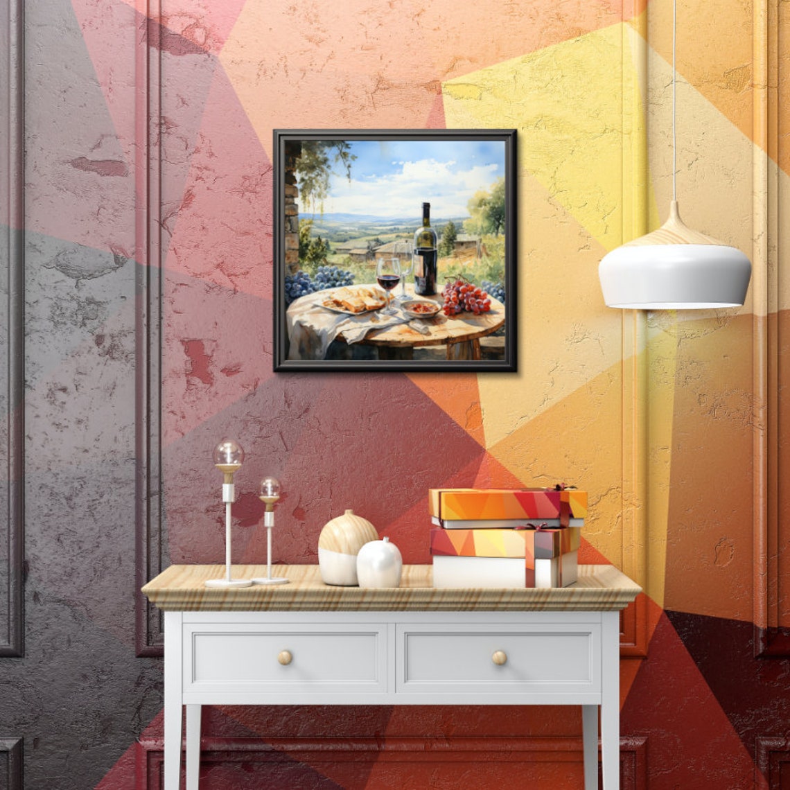 Wine Cheese and Grapes Still Life Overlooking Sunny Valley Poster - Image 4