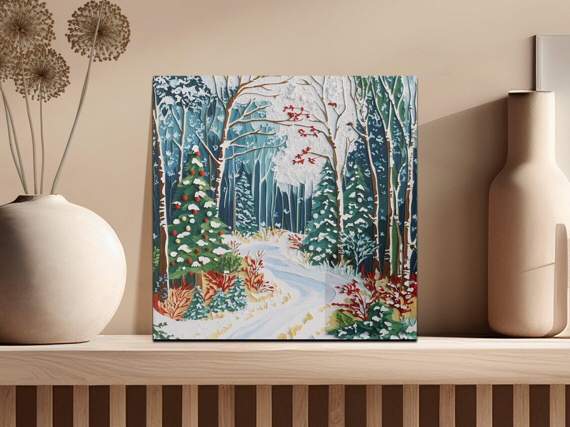 Winter Forest Path Snowy Evergreen Textured Oil Painting Poster - Image 2