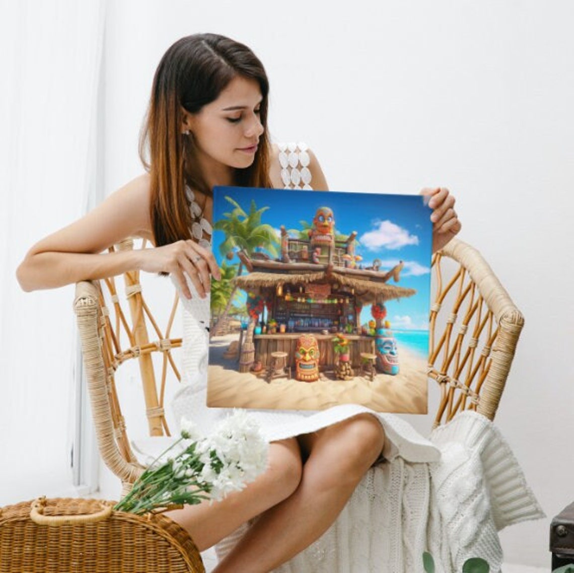 Tropical Tiki Beach Bar with Carved Statues and Palm Trees Poster - Image 2