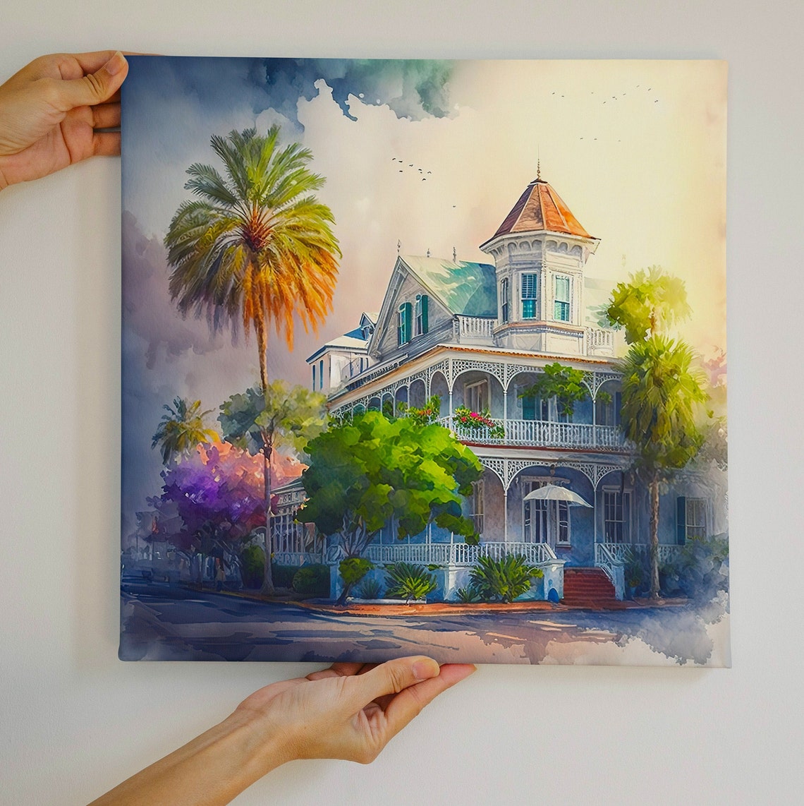 Watercolor Victorian Mansion With Palm Trees Southern Charm Poster - Image 4