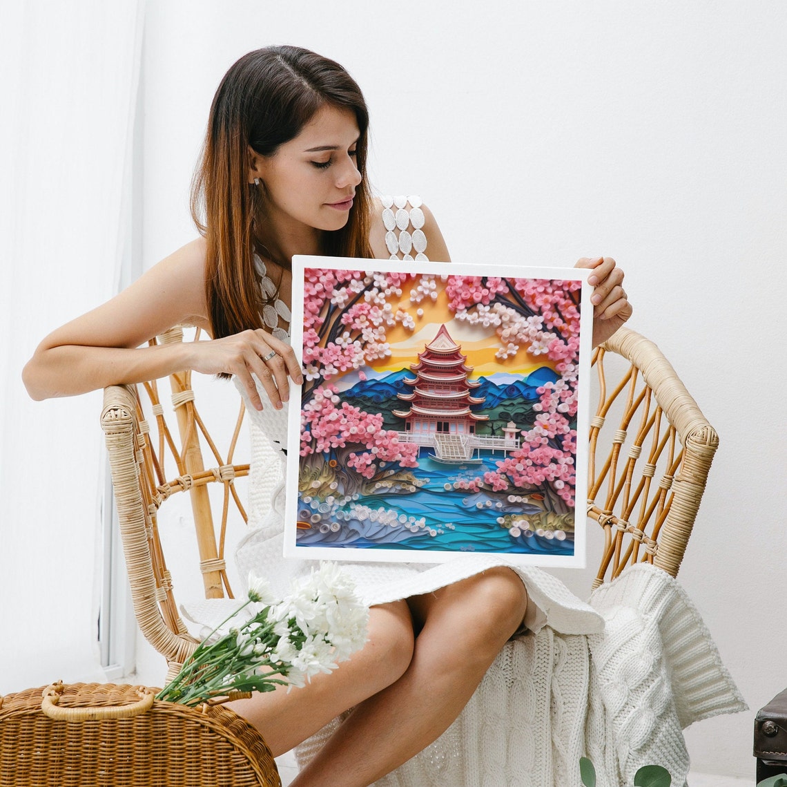 Quilled Paper Japanese Pagoda Cherry Blossoms Lake Scene Poster - Image 2