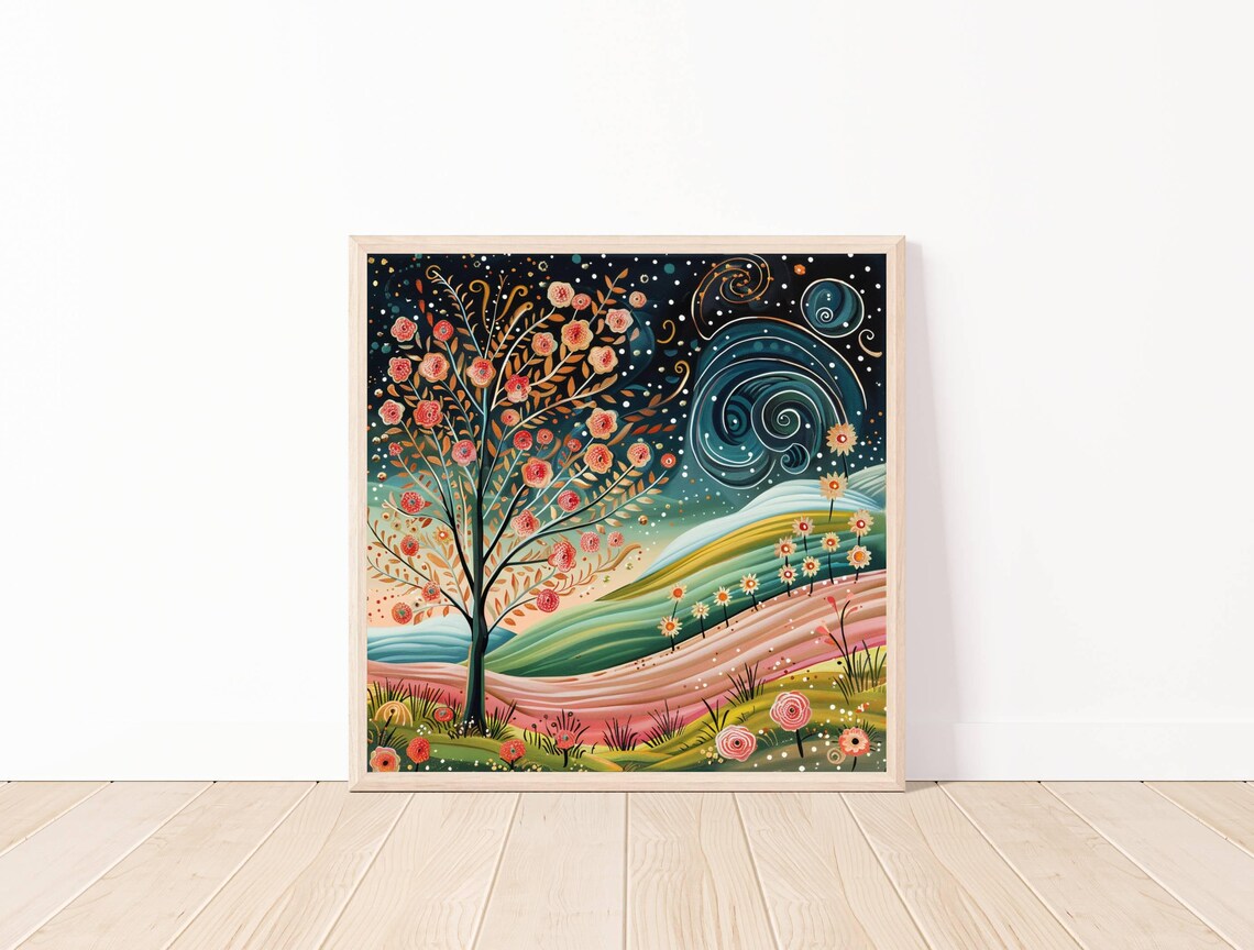 Whimsical Art Print Floral Landscape Tree Colorful Illustration Vibrant Wall 20x20
