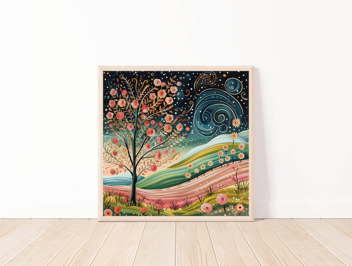 Whimsical Tree Of Life Starry Night Floral Meadow Art Poster
