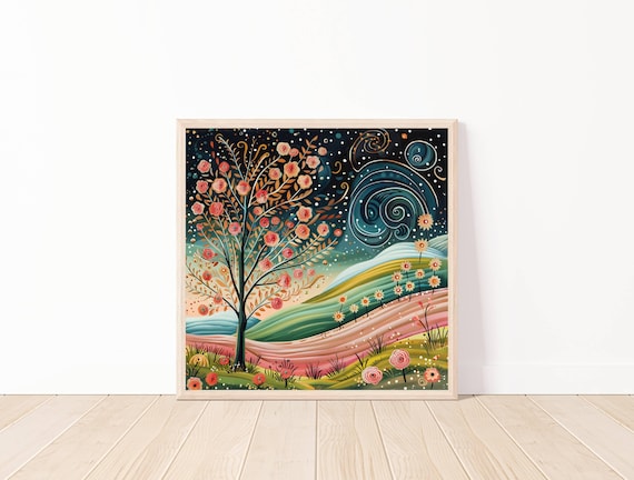 Whimsical Art Print Floral Landscape Tree Colorful Illustration Vibrant Wall 20x20