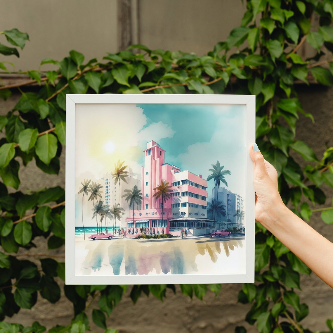 Pink Art Deco Hotel Miami Beach Palms Watercolor Travel Poster - Image 3