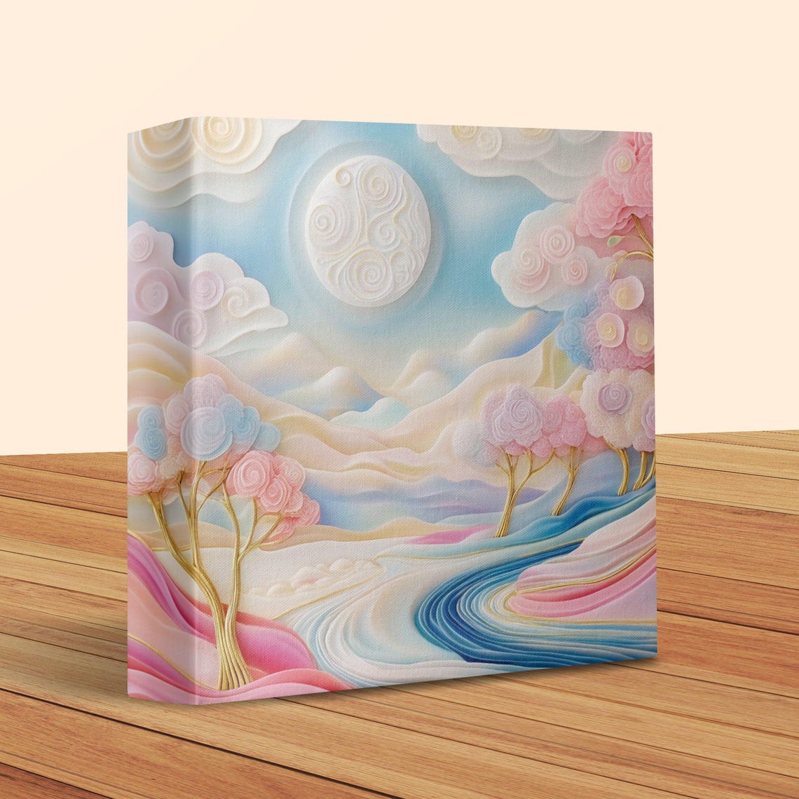 Pastel Paper Quilling Dreamscape With Moon Over Pink River Poster - Image 2