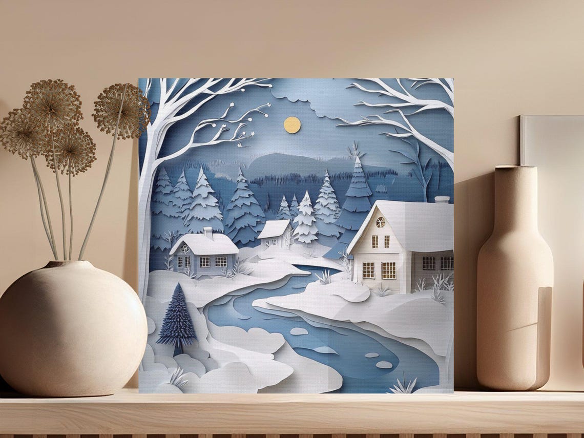 Paper Cut Winter Village With Snowy Cabins Under the Moon Poster - Image 3
