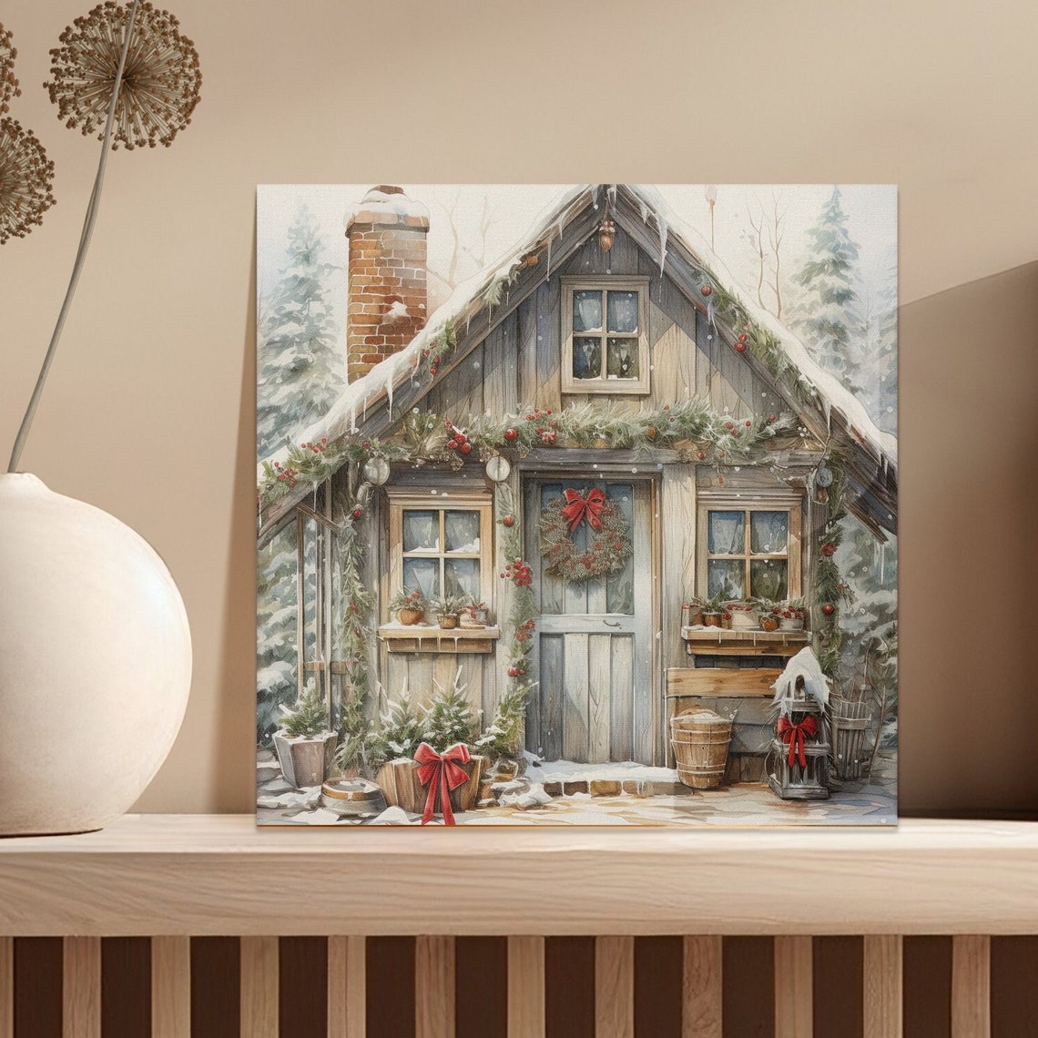 Christmas Log Cabin Snowy Winter Garland Wreath Watercolor Poster - Image 5