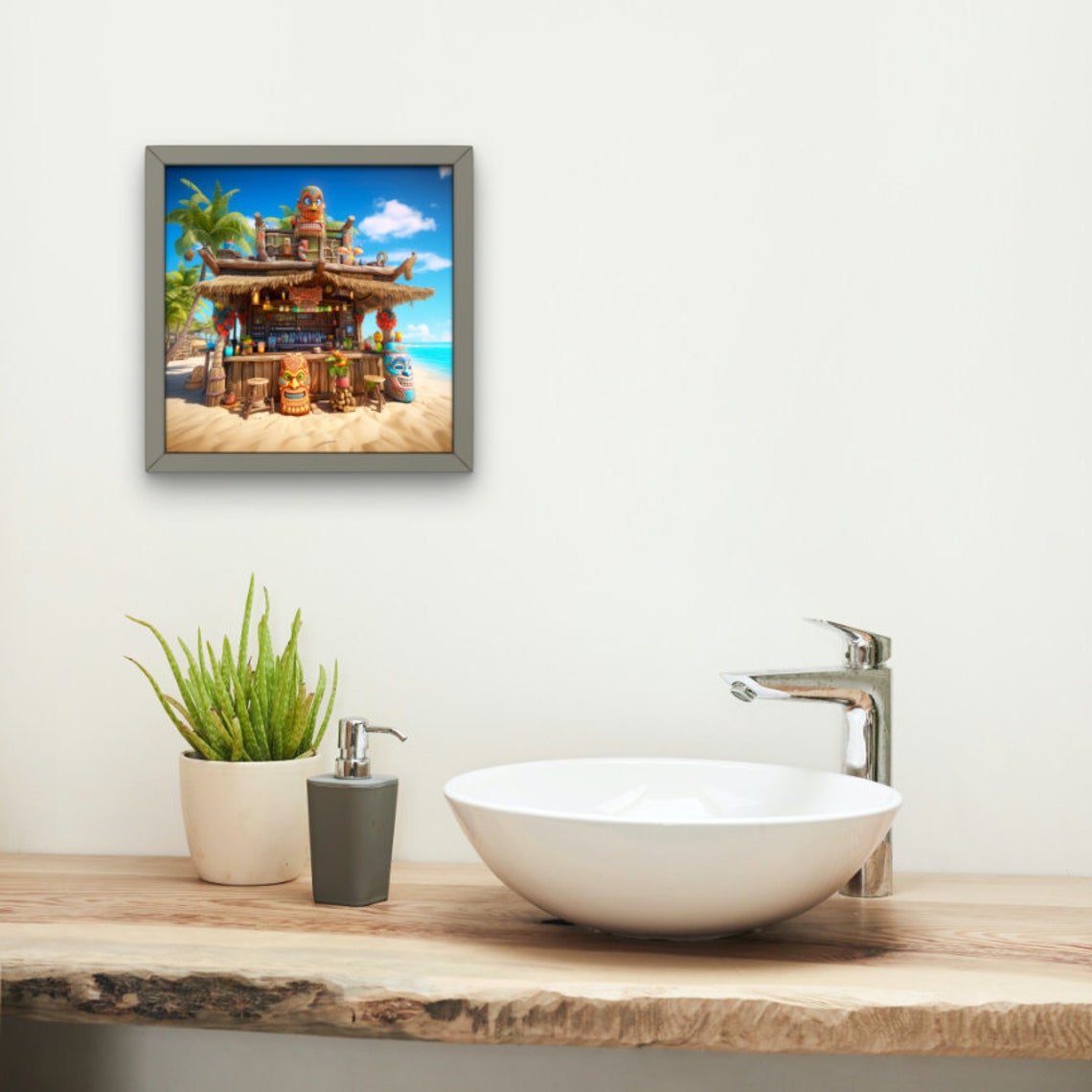 Tropical Tiki Beach Bar with Carved Statues and Palm Trees Poster - Image 4