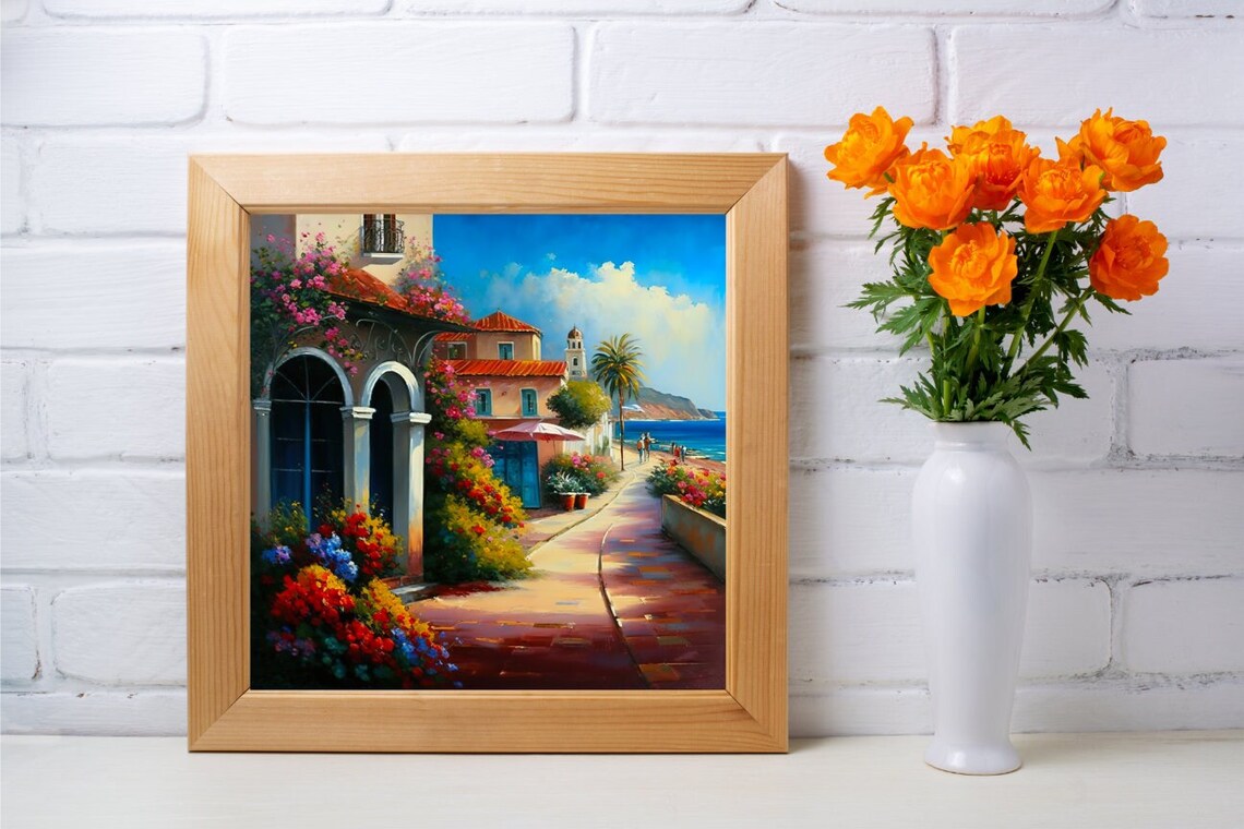 Mediterranean Seaside Village Bougainvillea Coastal Oil Art Poster - Image 5
