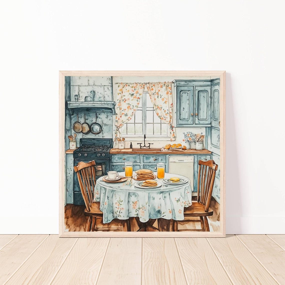 Cozy Rustic Country Kitchen Watercolor Pancake Breakfast Poster