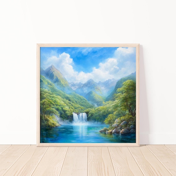 Scenic Watercolor Waterfall Serene Landscape Art Waterfall In Mountains Wall Art Nature Painting Prints 20x20