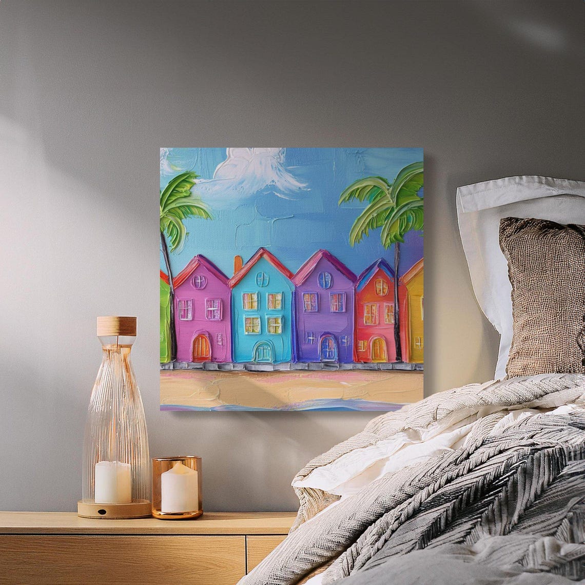 Impasto Rainbow Beach Huts and Palm Trees in Bold Texture Poster - Image 4