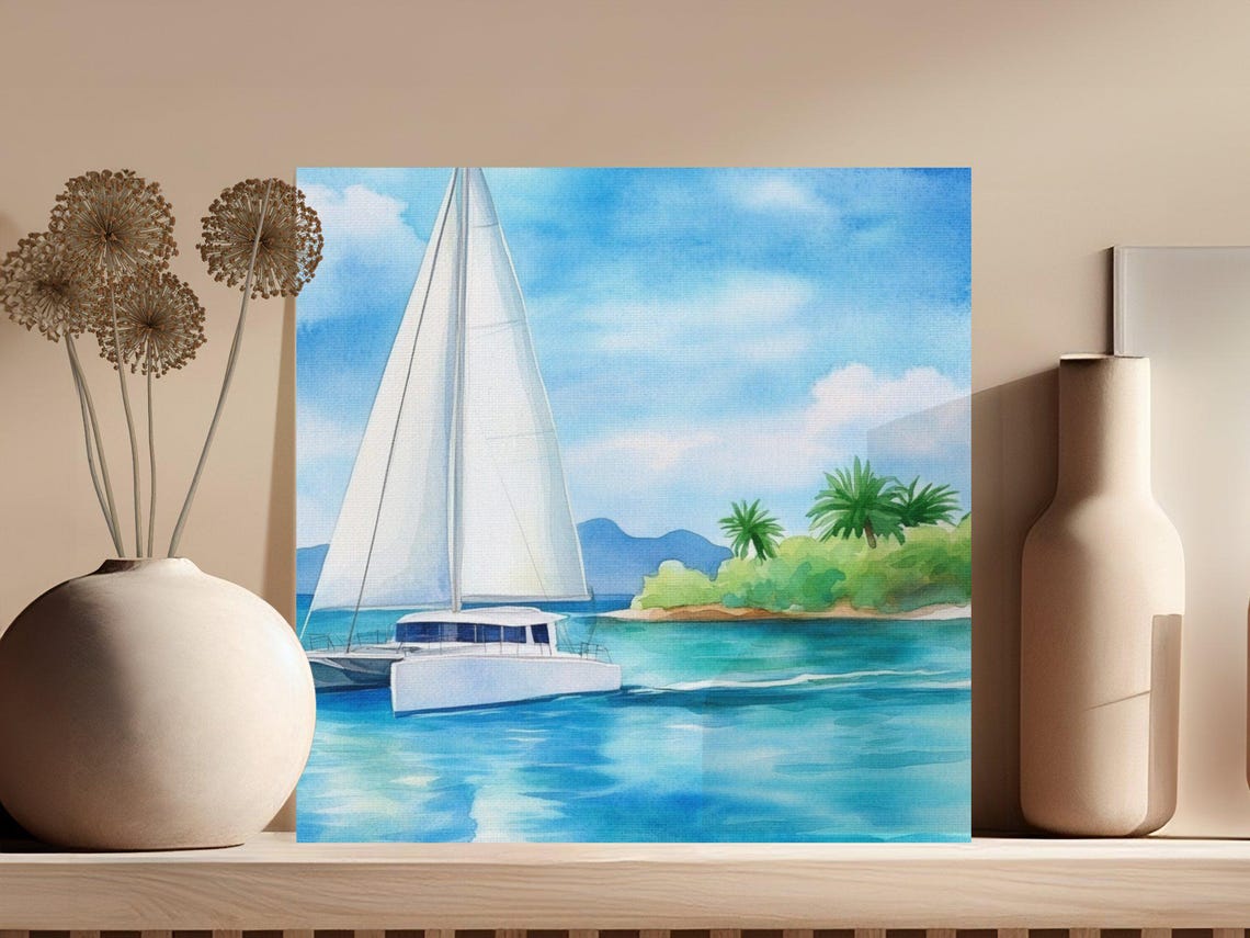 White Catamaran Sailing in Bright Blue Tropical Waters Poster - Image 3