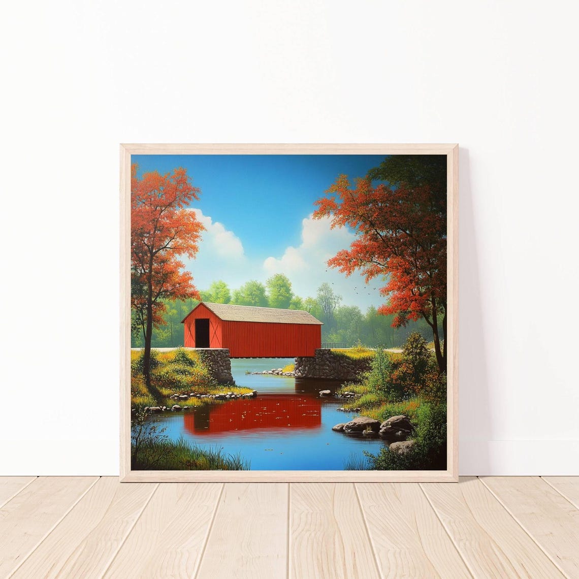 Scenic Red Covered Bridge Over Autumn River Fall Landscape Poster