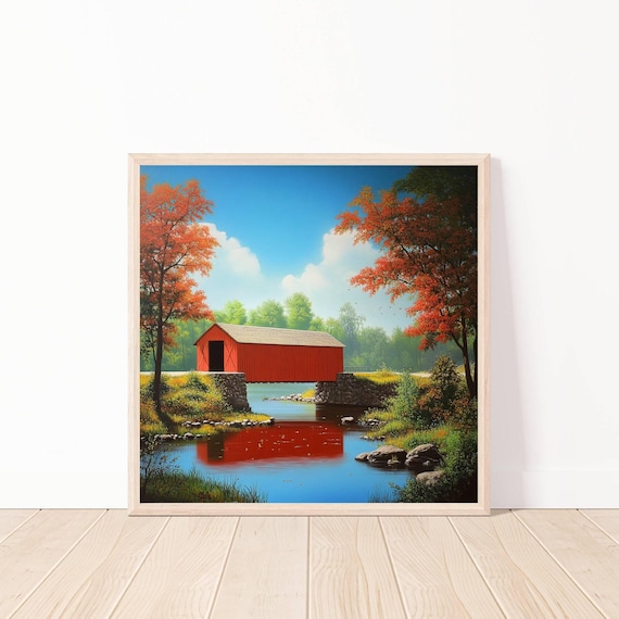 Scenic Red Covered Bridge Over Autumn River Fall Landscape Poster