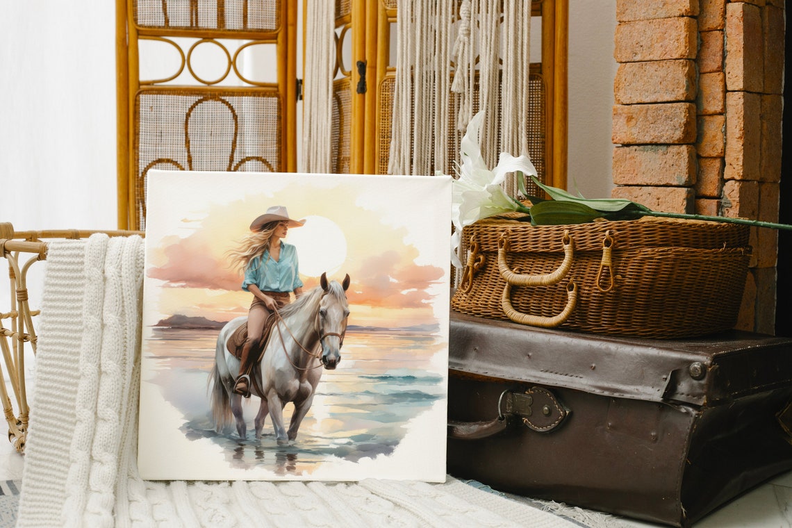 Cowgirl Riding White Horse on the Beach at Golden Sunset Poster - Image 4