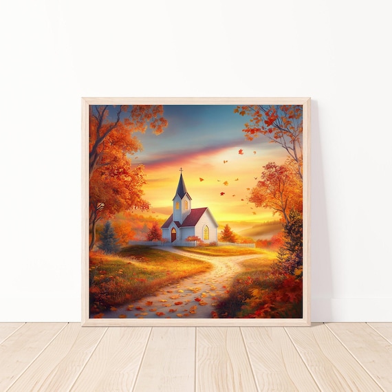 Autumn Sunset Church Falling Leaves Fall Landscape Scene Poster