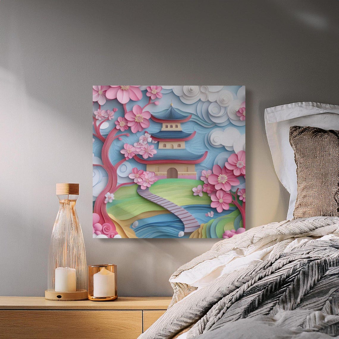 Paper Quilling Japanese Pagoda Surrounded by Cherry Blossoms Poster - Image 4