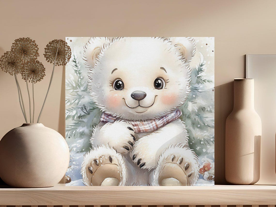 Cute White Teddy Bear With Scarf in a Snowy Winter Scene Poster - Image 3