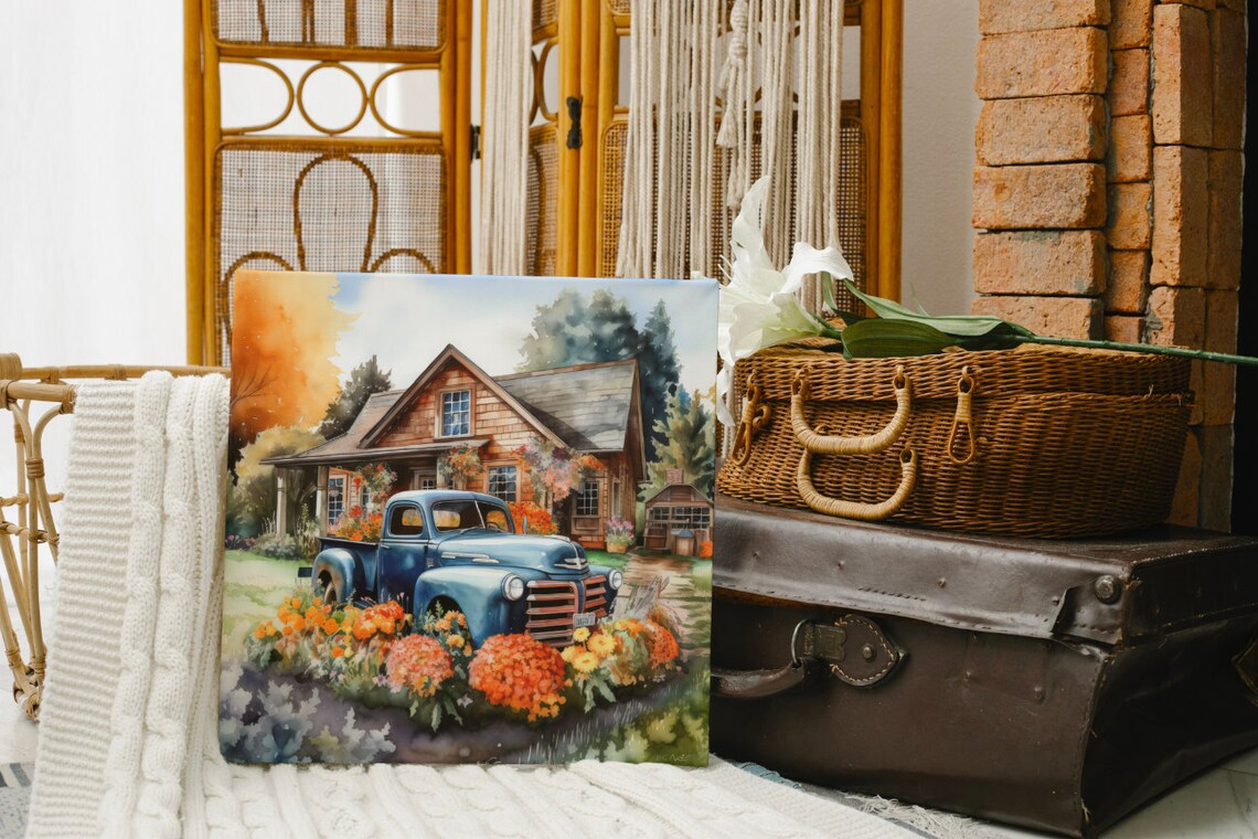 Vintage Blue Pickup Truck Flower Farm Autumn Farmhouse Art Poster - Image 5