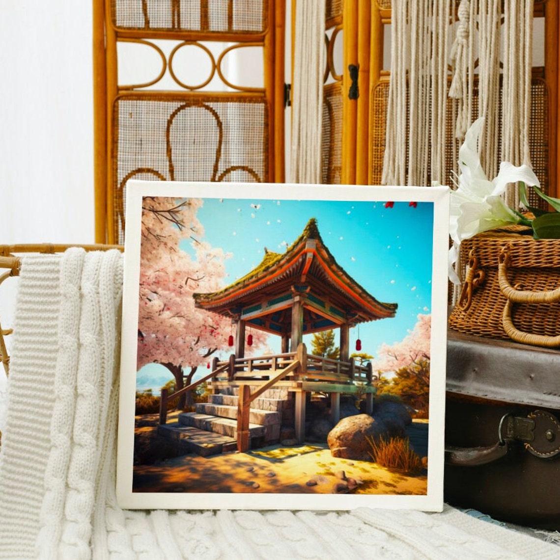 Japanese Temple Pavilion Cherry Blossom Spring Garden Art Poster - Image 4