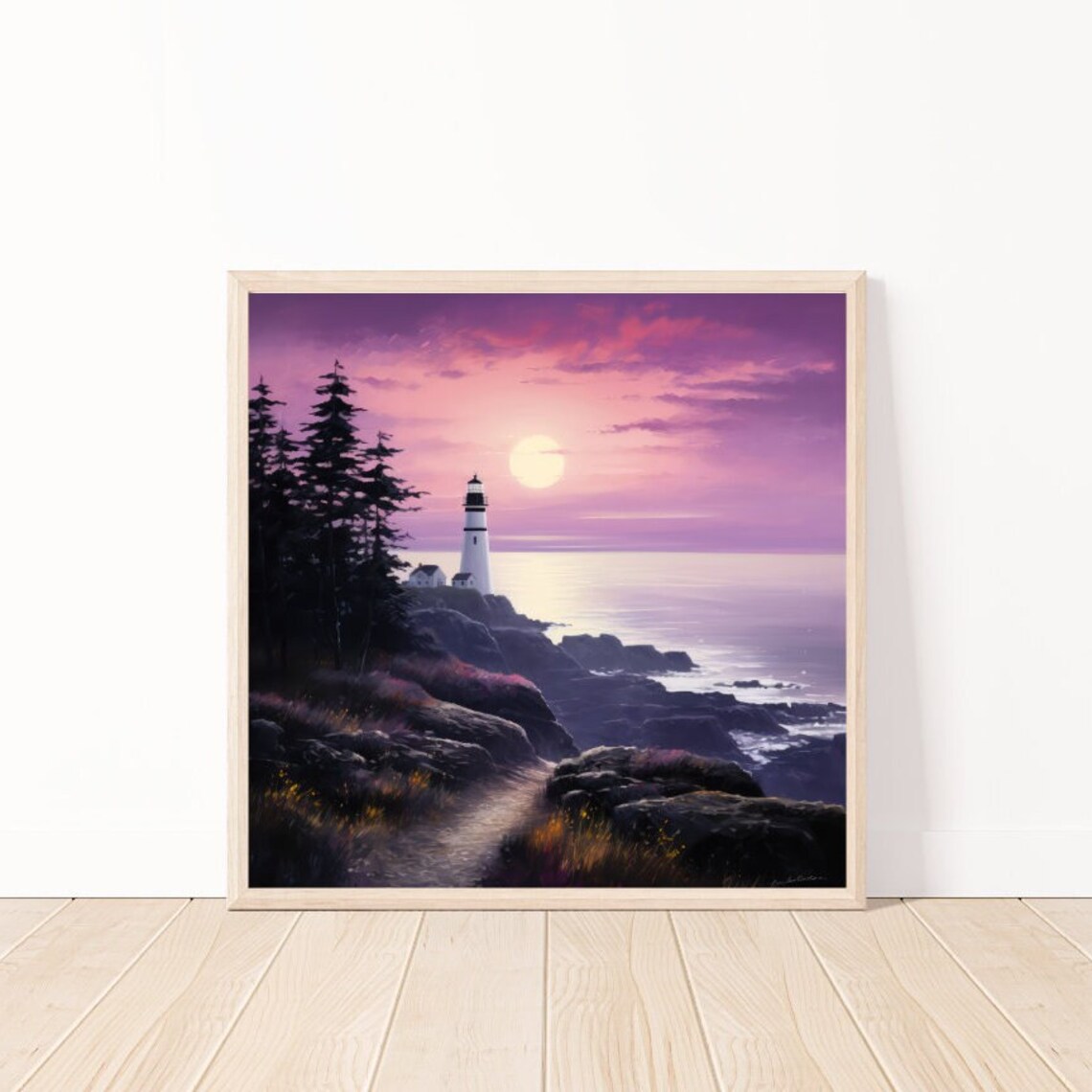 Coastal Lighthouse Sunset Rocky Shore Purple Dusk Seascape Art Poster - Image 5