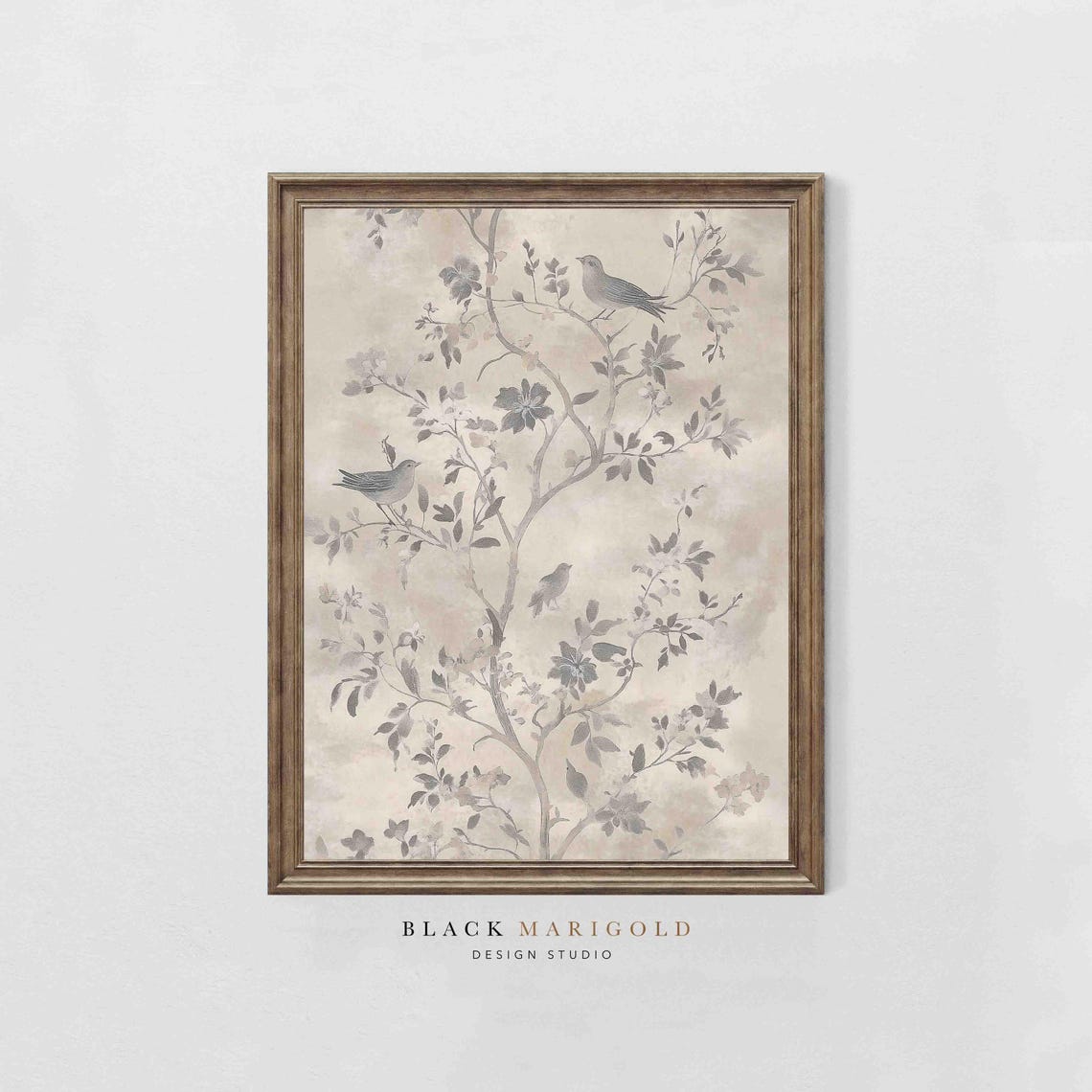 Chinoiserie Birds on Blossoming Branches in Neutral Tones Wall Art