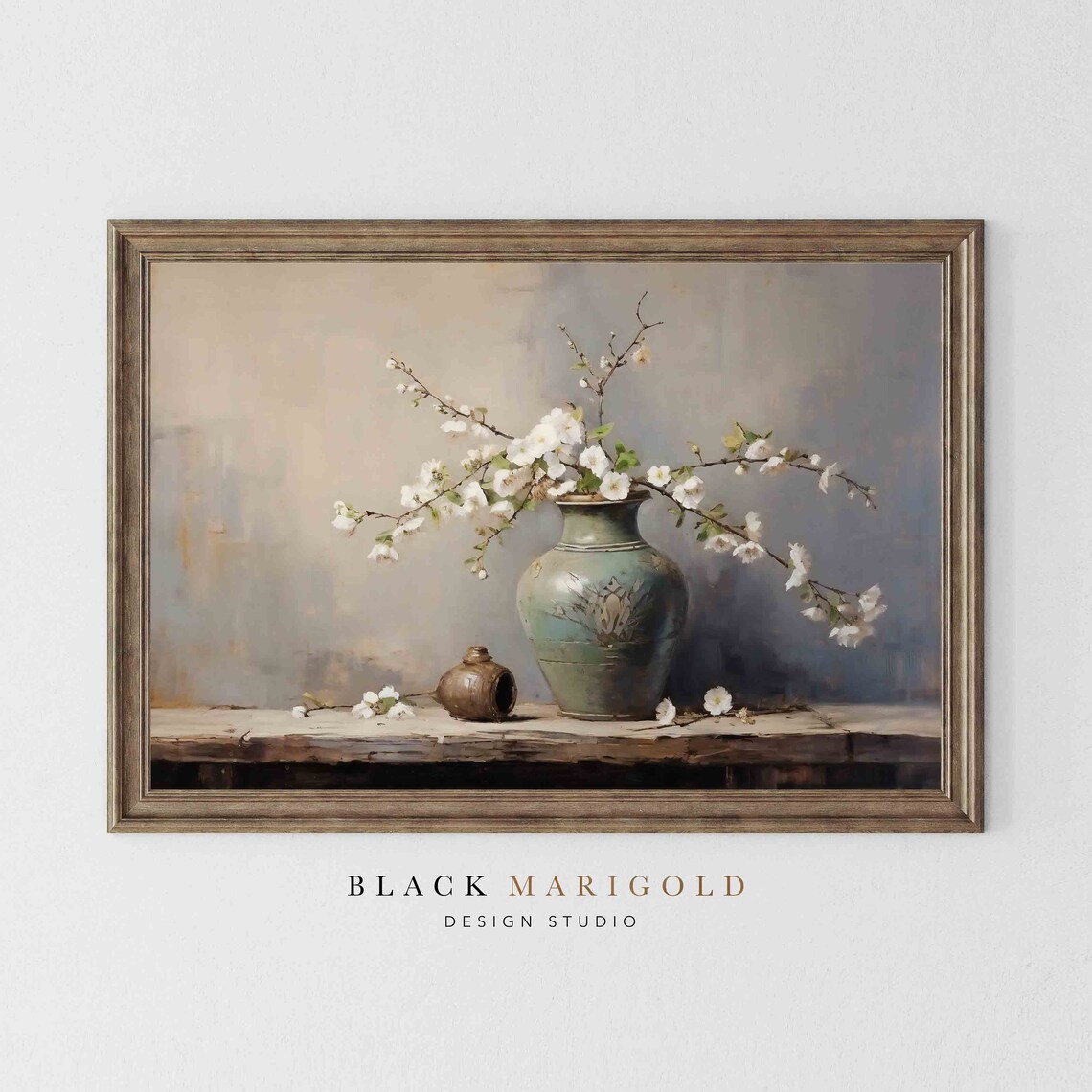 White Petals And Jade Vintage Oil Painting Art Print