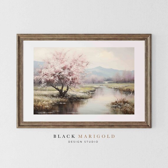 Pink Blossom Tree Beside Calm River in Misty Spring Landscape Poster
